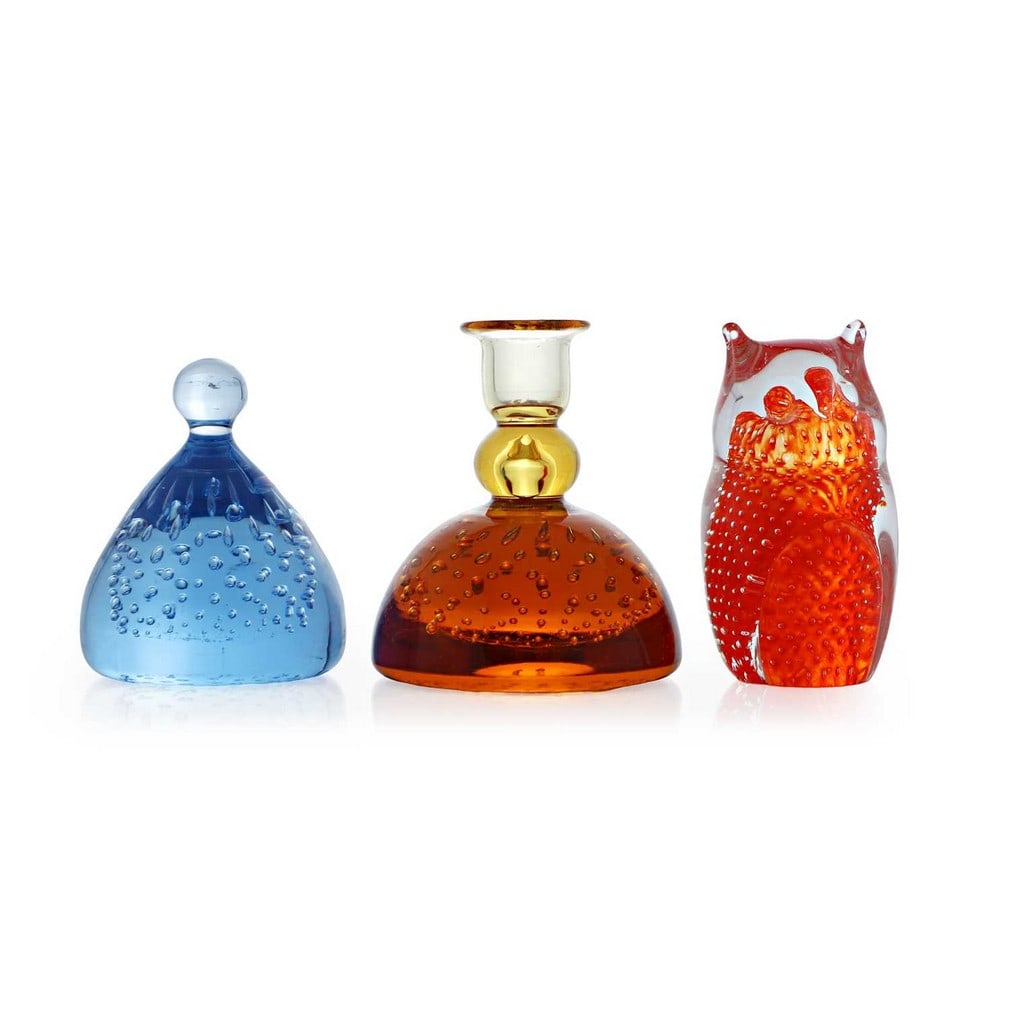 Geoffrey Baxter (British, 1922-1995) for Whitefriars, two paperweights, Nos. 9065 and 9318, circa: Geoffrey Baxter (British, 1922-1995) for Whitefriars, two paperweights, Nos. 9065 and 9318, circa 1970, in blue and amber, together with a Ray Annenberg glass paperweight, blown and internally decorat