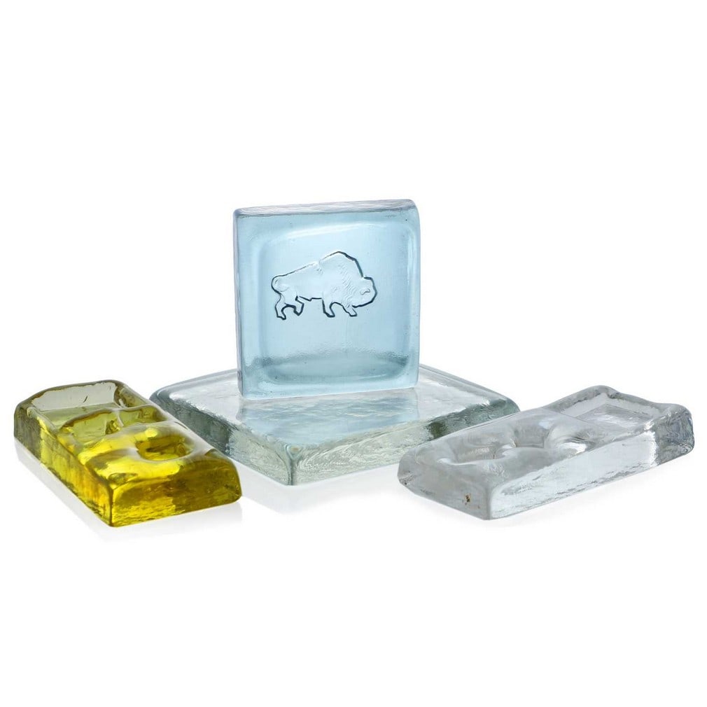 Geoffrey Baxter (British, 1922-1995) for Whitefriars, four architectural slabs, circa 1970,: Geoffrey Baxter (British, 1922-1995) for Whitefriars, four architectural slabs, circa 1970, comprising two Flint slabs, to include a No. 6, an Amber No. 6, and an Arctic Blue Bison slab (large Flint s