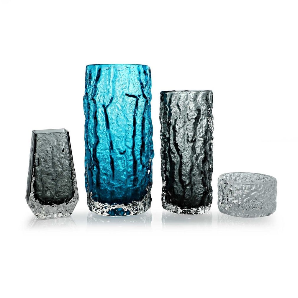 Geoffrey Baxter (British, 1922-1995) for Whitefriars, four Textured Range items, Nos. 9691, 9690,: Geoffrey Baxter (British, 1922-1995) for Whitefriars, four Textured Range items, Nos. 9691, 9690, 9686, and 9733, circa 1970, comprising two Bark vases, in Kingfisher Blue and Pewter, a Coffin vase in