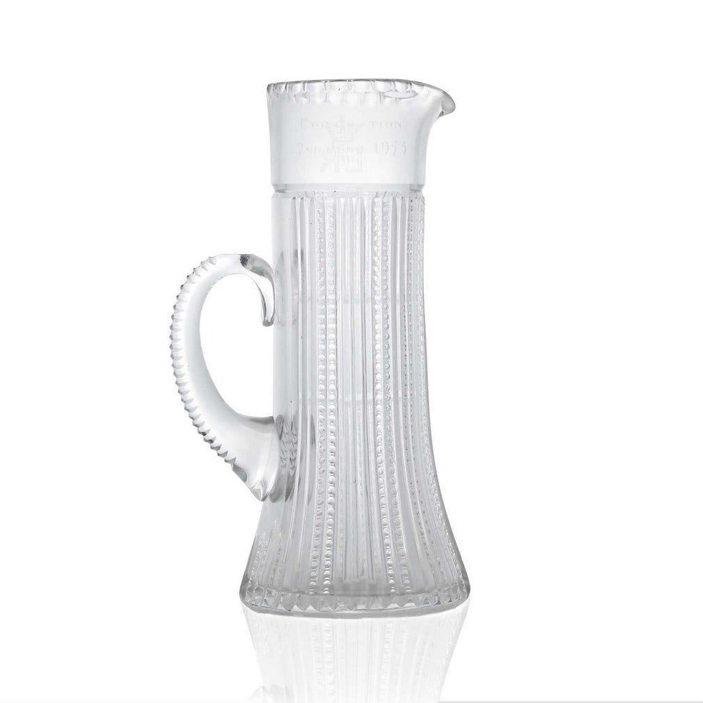 A cut and engraved glass Queen Elizabeth II Coronation commemorative lemonade jug, mid-20th century, (1 of 3)