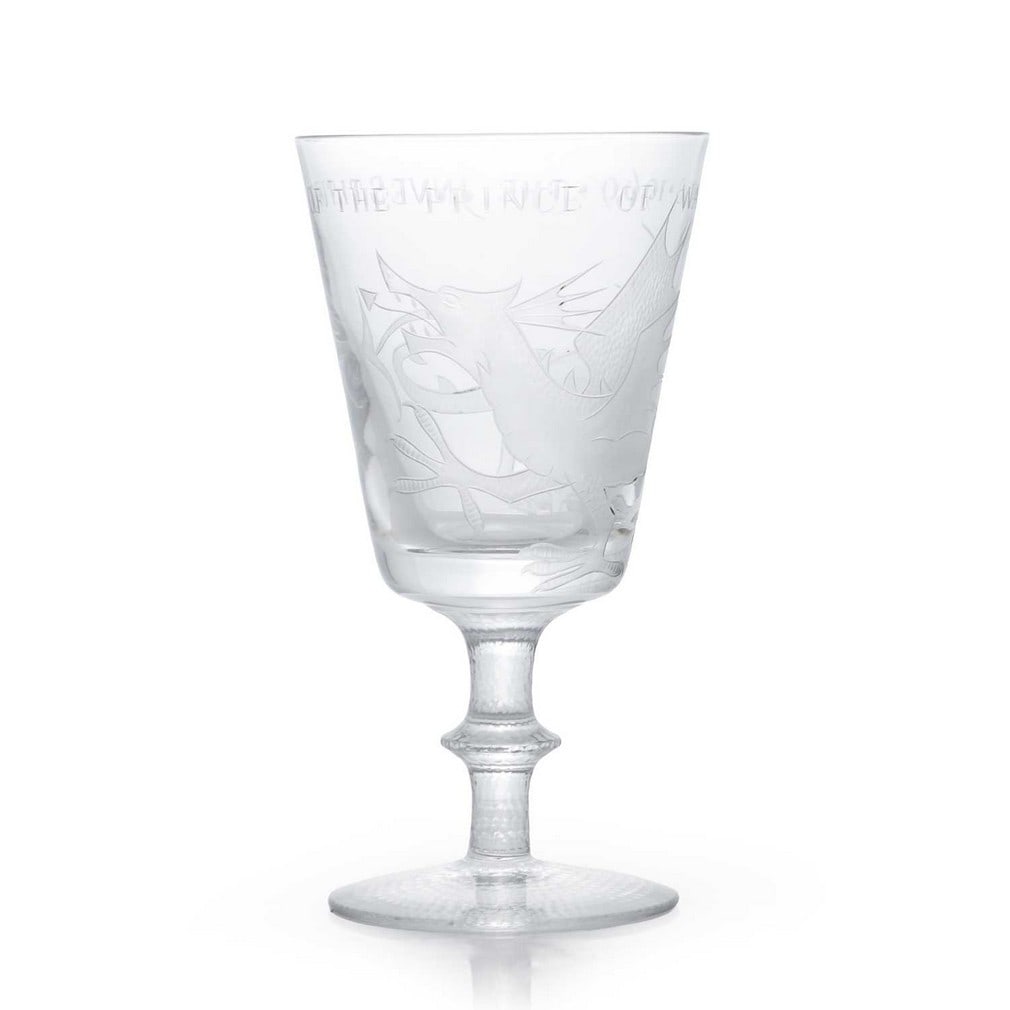 A Thomas Webb & Sons 1969 Prince of Wales Investiture engraved glass goblet, designed by David: A Thomas Webb & Sons 1969 Prince of Wales Investiture engraved glass goblet, designed by David Hammond, engraved by Cyril P Kimberley, the conical-form bowl engraved with a dragon below an inscription