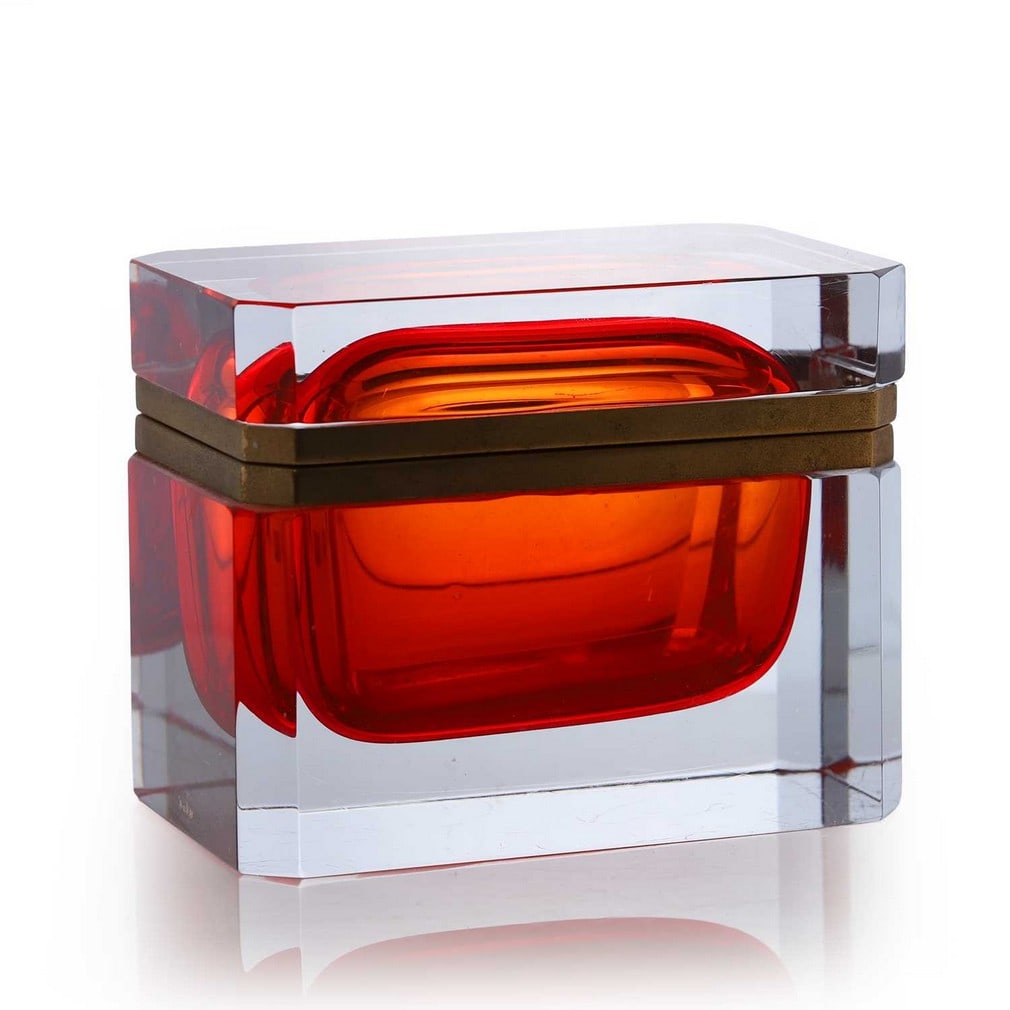A Murano glass box and cover, circa 1970,: A Murano glass box and cover, circa 1970, cased in clear over red, with brass mounts (13.3cm wide, 8.6cm deep, 10.5cm high) (2) Condition Report: Overall good order. Surface scratches, parti