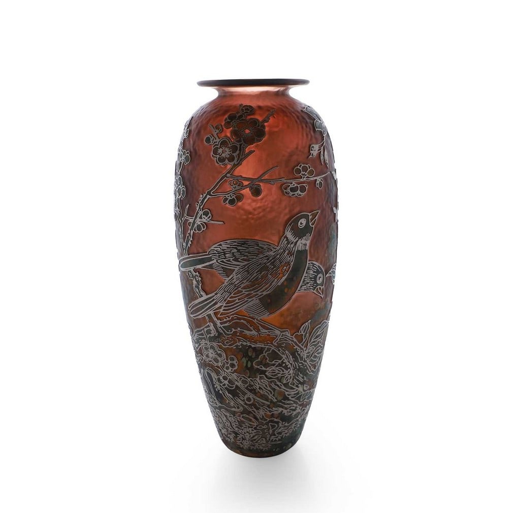 ▲ Jonathan Harris (British, b.1965) a silver cameo glass vase, dated 2014,: ▲ Jonathan Harris (British, b.1965) a silver cameo glass vase, dated 2014, of ovoid form, cased and acid etched with birds amongst foliage, engraved signature 'Jonathan Harris Ironbridge England