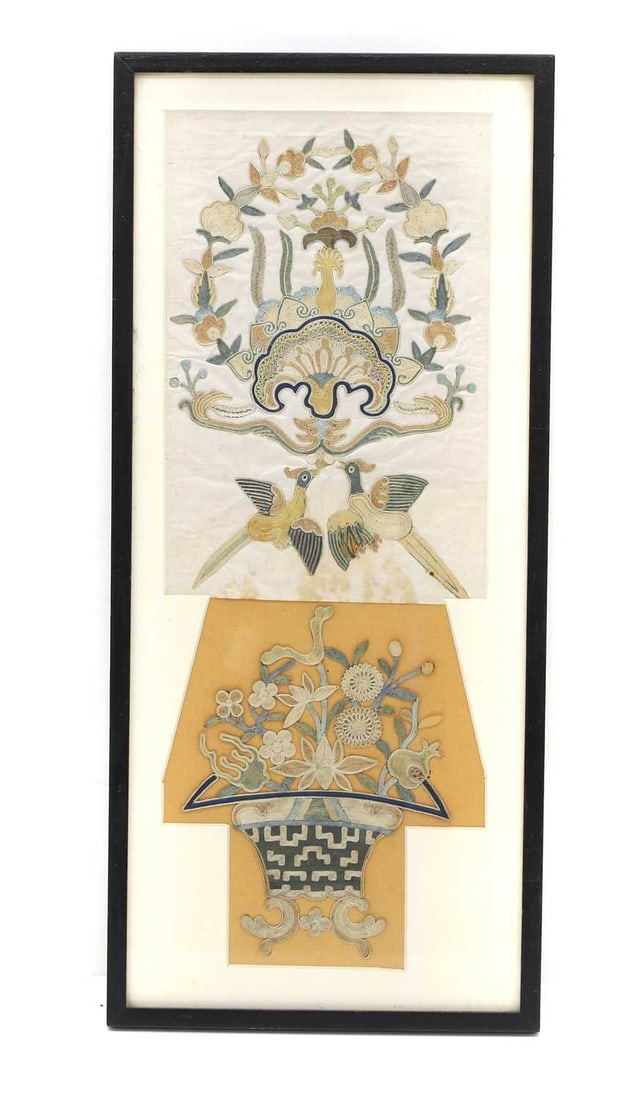 A Chinese framed silk collage,: A Chinese framed silk collage, Qing Dynasty (1644-1911), mounted on card, depicting two phoenixes over a large vase with flowers, framed and glazed 39 x 15cm, Condition Report: Frame size 46 x 21cm.
