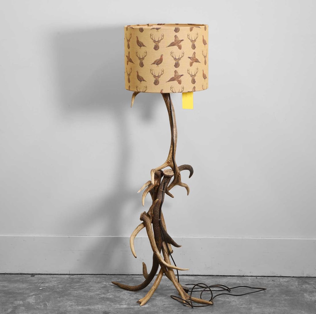 A collection of antler furniture and lighting, of recent manufacture,: A collection of antler furniture and lighting, of recent manufacture, To include an antler floor lamp with stag-patterned fabric shade, on a rectangular wooden base with fabric shade patterned with