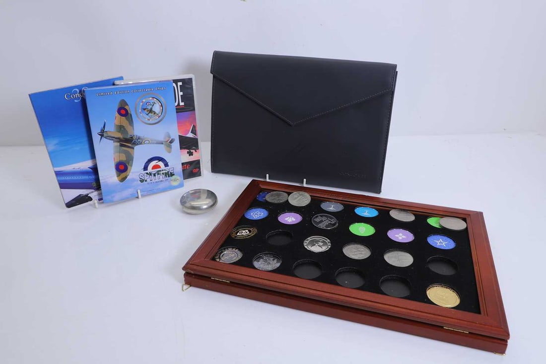 A collection of gambling chips,: A collection of gambling chips, to include collectable limited edition Spitfire gambling chips, Concorde limited edition gambling chips, and a Concorde DVD, a Concorde folder with white metal pill