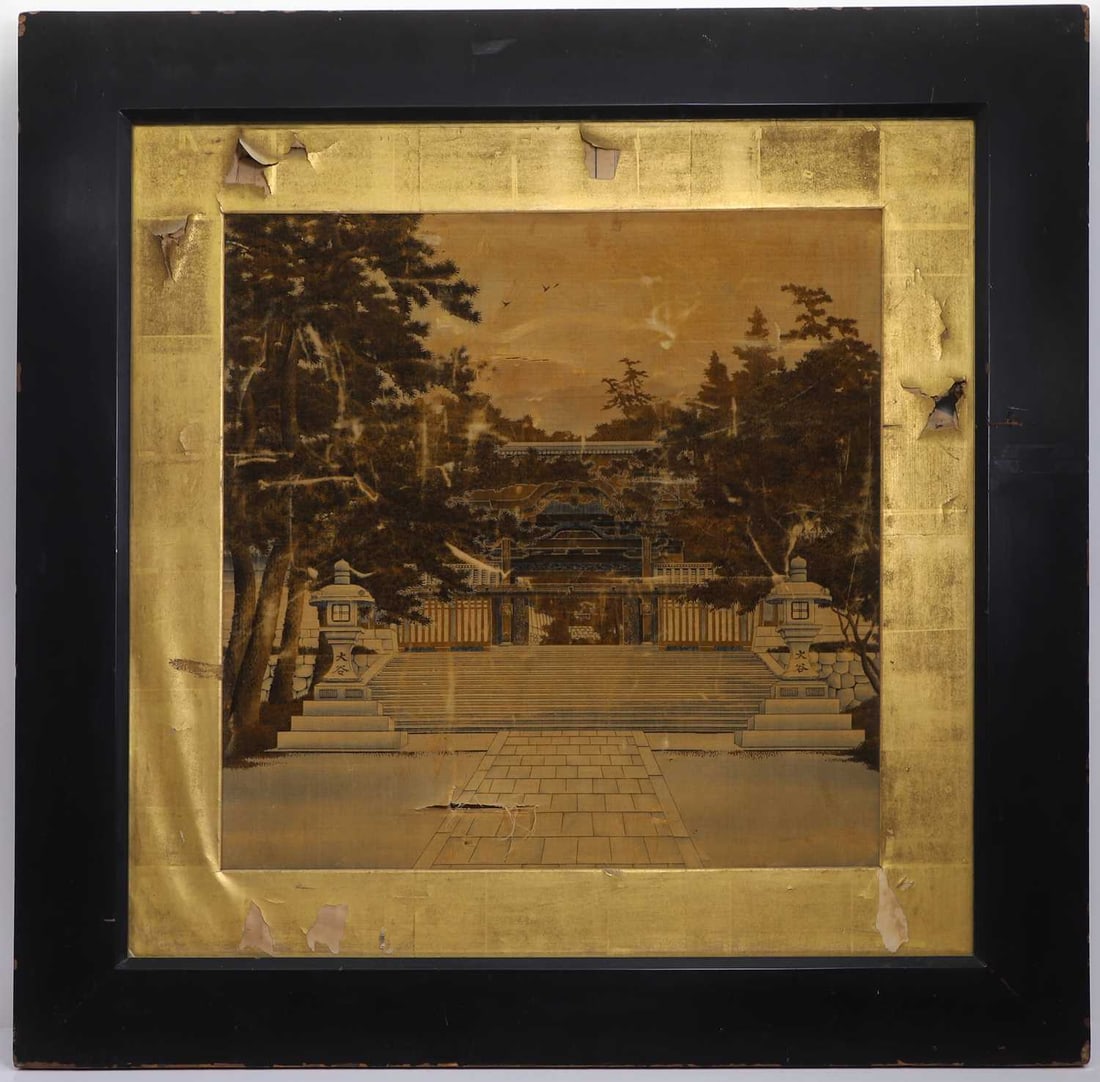 A large silk screen, Japanese, 20th century,: A large silk screen, Japanese, 20th century, of a pavillion surrounded by foliage, the reverse decorated with calligraphy Image 62 x 60cm, framed and glazed Condition Report: Torn and worn in