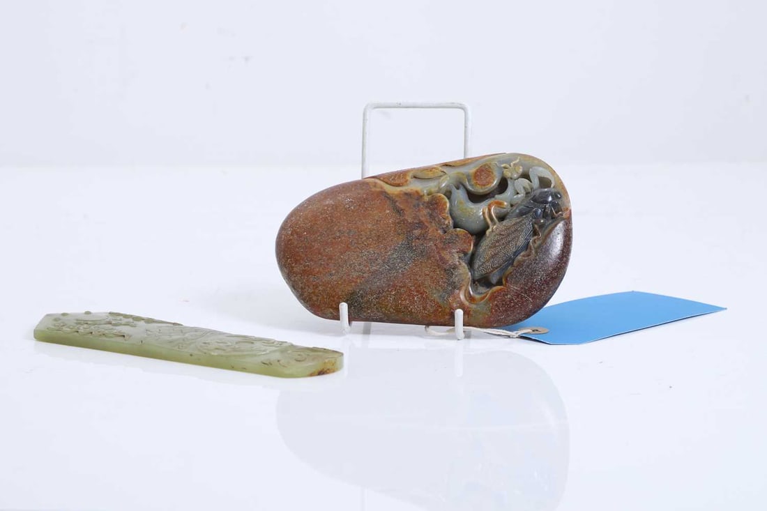 Two Chinese carved jade plaques 20th century,: Two Chinese carved jade plaques 20th century, one example deeply carved with the story of The Mantis Stalks the Cicada, Unaware of the Oriole Behind, the other carved with a mountainous scene