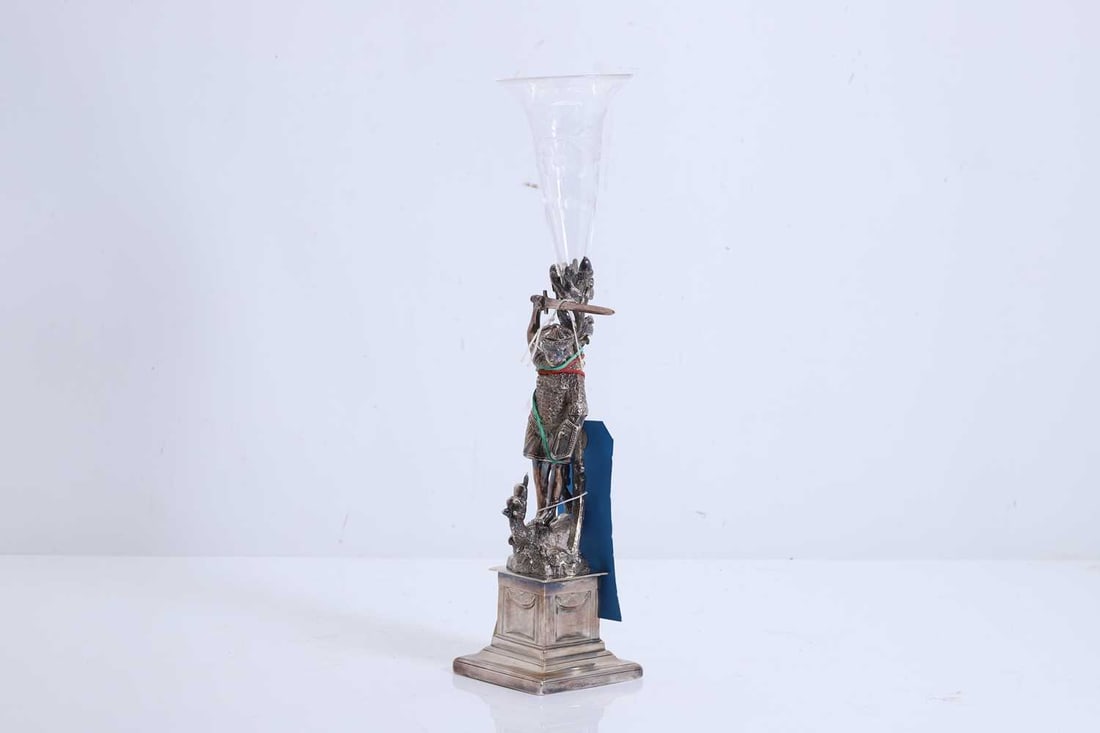 A figural silver plated epergne,: A figural silver plated epergne, modelled as St.George slaying the dragon, the base marked 'JAMESDEAKIN & SON 9036', with an acid-etched reserve 35cm high Condition Report: The reserve does