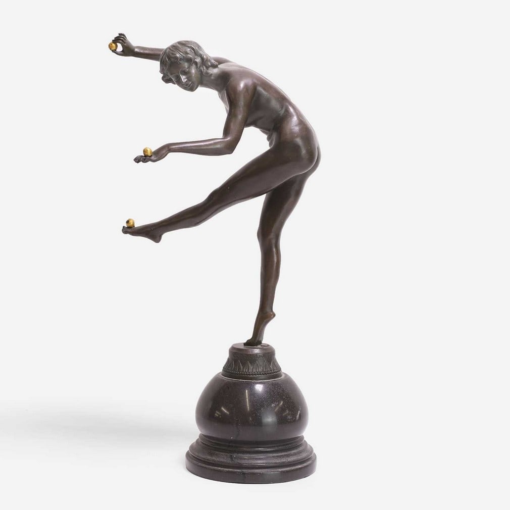 After Claire Jeanne Roberte Colinet, 'The Juggler',: After Claire Jeanne Roberte Colinet, 'The Juggler', circa 1930s, an Art Deco-style figure, bronze, raised on a globular base, signed, indistinctly numbered and with foundry stamp (23cm wide, 14cm deep