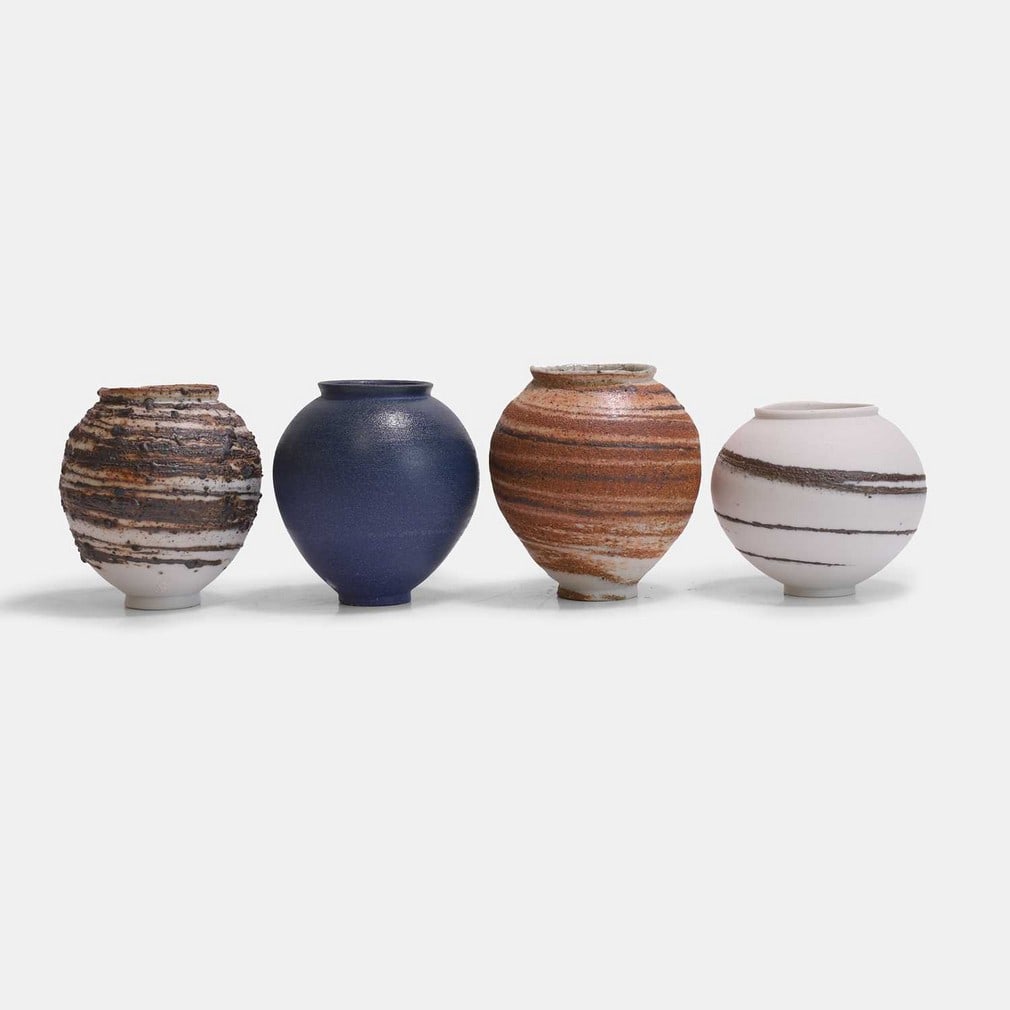 Adam Buick (British, b.1978), four miniature moon jars,: Adam Buick (British, b.1978), four miniature moon jars, comprising: 'Miniature Moon Jar', 2020, wood-fired stoneware with porcelain, wild clay and landscape inclusions, Nuka glaze inside, 'Miniature M