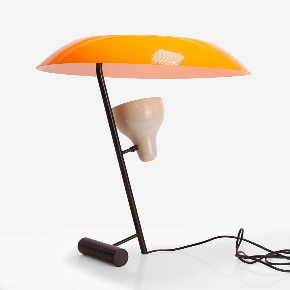 Gino Sarfatti (Italian, 1912-1985) for Astep, a model '548' table lamp,: Gino Sarfatti (Italian, 1912-1985) for Astep, a model '548' table lamp, originally designed in 1958, of recent manufacture, the orange methacrylate rounded diffuser, over a white-painted aluminium spo