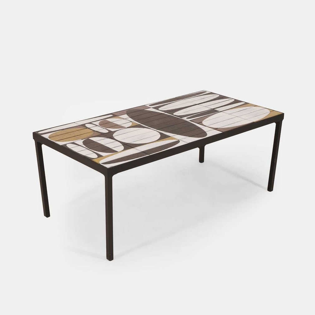 Roger Capron (French, 1922-2006), an 'Ellipse' coffee table,: Roger Capron (French, 1922-2006), an 'Ellipse' coffee table, circa 1960s, of rectangular form, the elliptical pattern tile top in tones of grey, green and white, supported on a black-painted metal fra