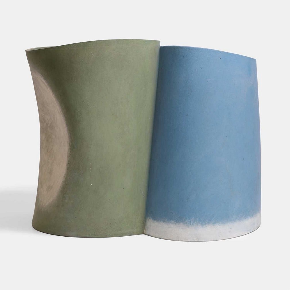 ▲ Ken Eastman (British, b.1960), a twin-compartment slab vessel,: ▲ Ken Eastman (British, b.1960), a twin-compartment slab vessel, 1998, ceramic in blue, green and white, signed and dated (47cm wide, 28cm deep, 36.5cm high) Footnote: Born in Hertfordshire in 1