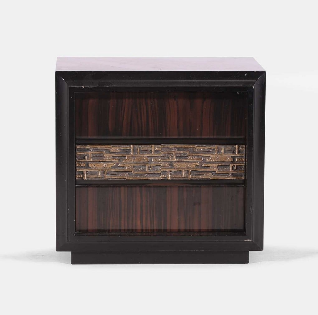 Luciano Frigerio (Italian, 1928 -1999) for Frigerio di Desio, a Macassar ebony 'Desiree' cabinet,: Luciano Frigerio (Italian, 1928 -1999) for Frigerio di Desio, a Macassar ebony 'Desiree' cabinet, circa 1970s, of cubic form, the single door with an applied gilt-bronze panel, with applied manufactur