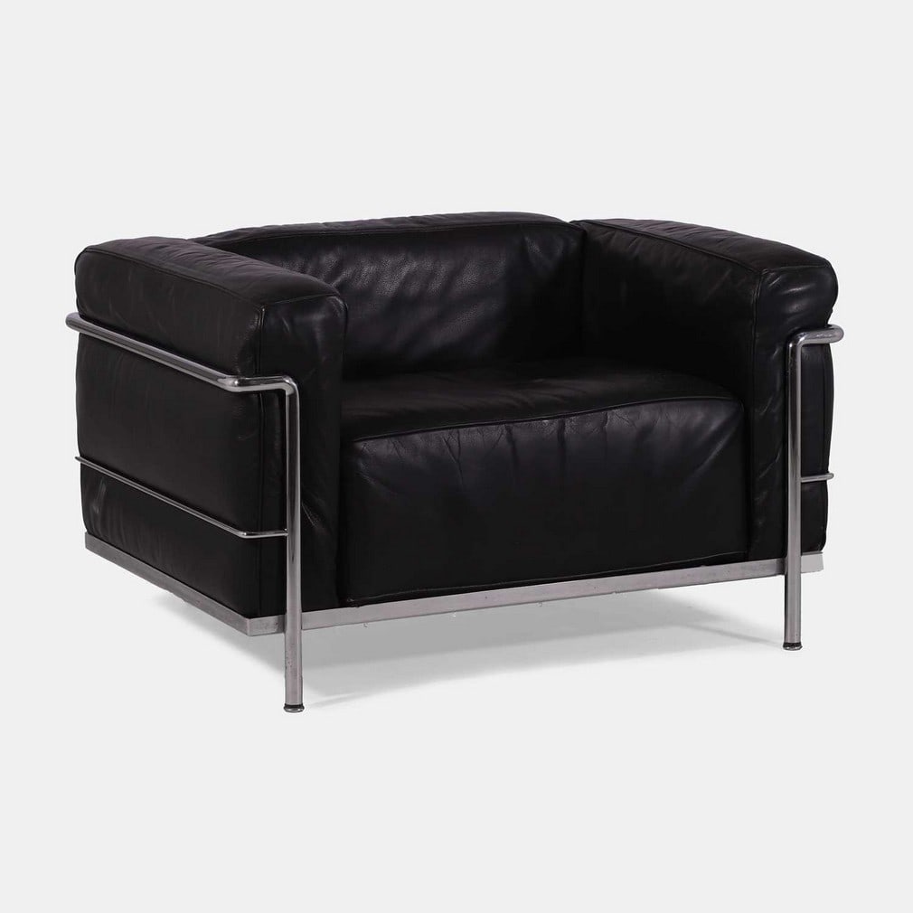 Charles-Édouard Jeanneret aka 'Le Corbusier' (Swiss-French, 1887-1965) for Cassina, an 'LC3' Le: Charles-Édouard Jeanneret aka 'Le Corbusier' (Swiss-French, 1887-1965) for Cassina, an 'LC3' Le Grand Confort armchair, circa 1980s, black leather with a tubular steel frame, debossed manufacture