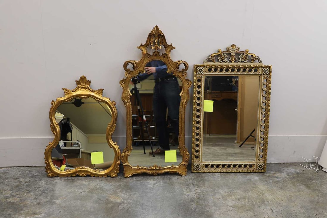 Three gilt mirrors, 20th century,: Three gilt mirrors, 20th century, each with carved and gilt frames 67cm, 88cm and 99cm high, all 50cm wide approx3Condition Report: Fair overall.