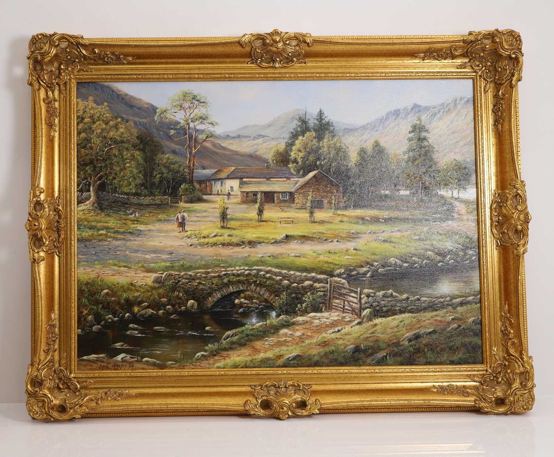 Paul Harley (British, 1943-2021) Cottages by a river with mountains beyond: Paul Harley (British, 1943-2021) Cottages by a river with mountains beyond signed and dated 'Paul Harley '99' l.l., oil on canvas 50 x 68cm; framed 63 x 82cmCondition Report: Presents well. Not exam