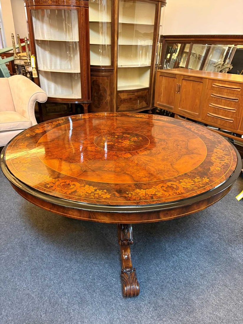 A Victorian walnut marquetry circular dining table, circa 1880-5, - 20