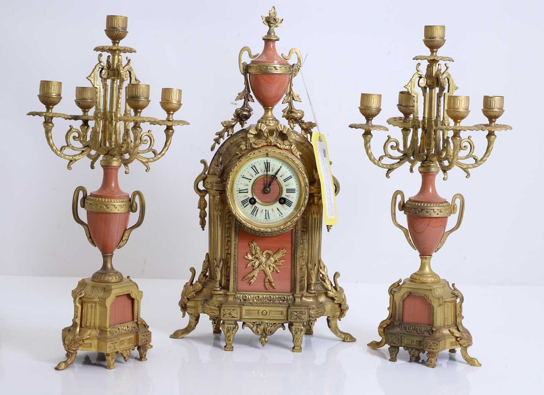 A French gilt metal and marble clock garniture, late 19th century, (1 of 1)