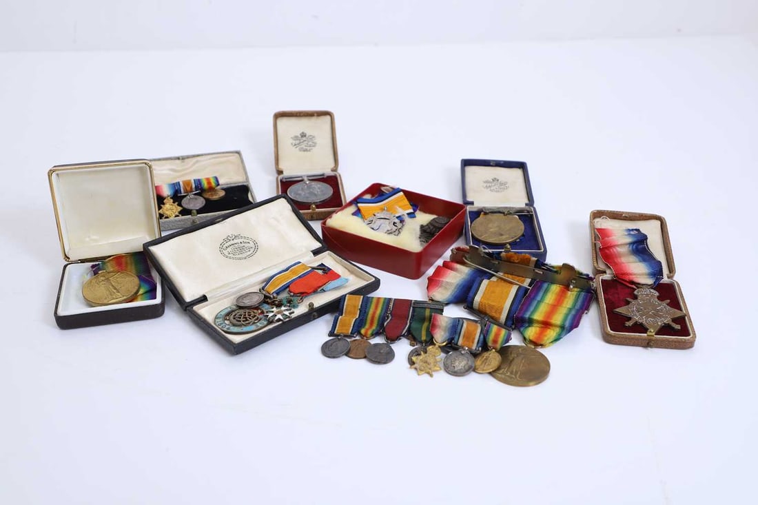 A selection of First World War medals,: A selection of First World War medals, to include a 1914-15 World War One star, awarded to '31205 SJT R.A.BARKER. R.A.M.C', with ribbon, A British War Medal, awarded '2.LIEUT.R.A.BARKER.', a King's