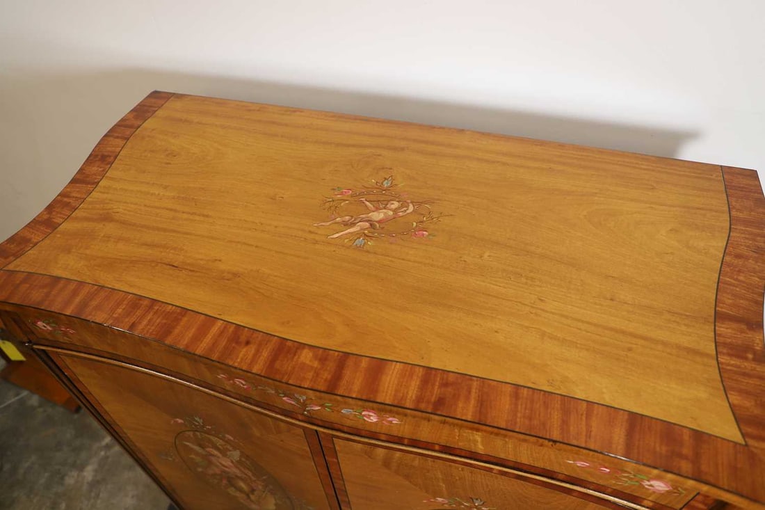 A Sheraton Revival inlaid satinwood and painted cabinet, of recent manufacture, - 2