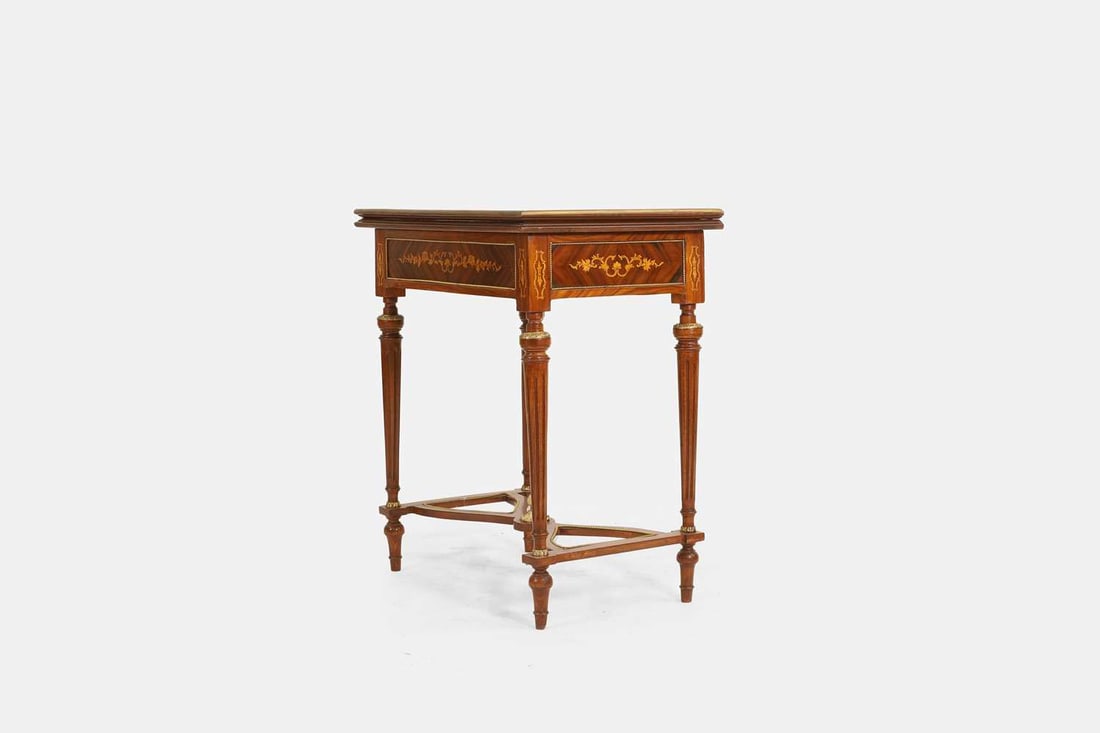 A Louis XVI-style walnut, marquetry and penwork games table, first half of the 20th century, French, - 3