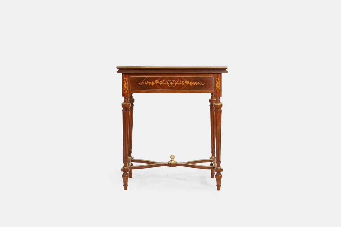 A Louis XVI-style walnut, marquetry and penwork games table, first half of the 20th century, French, - 4