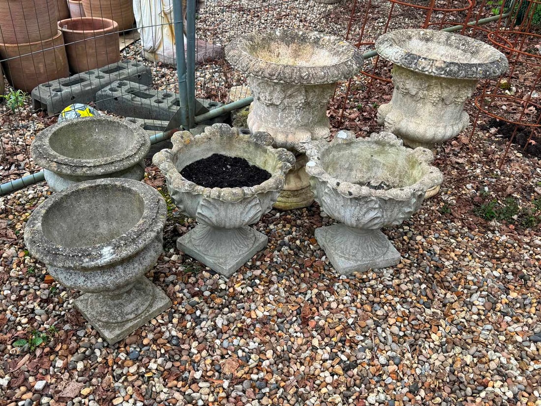 Three pairs of garden urns, 20th century,: Three pairs of garden urns, 20th century, reconstituted, three various sizes, largest, 54cm diameter, 67cm high, smallest. 40cm diameter, 40cm high6Condition Report: Middle size 50cm diameter, 45cm