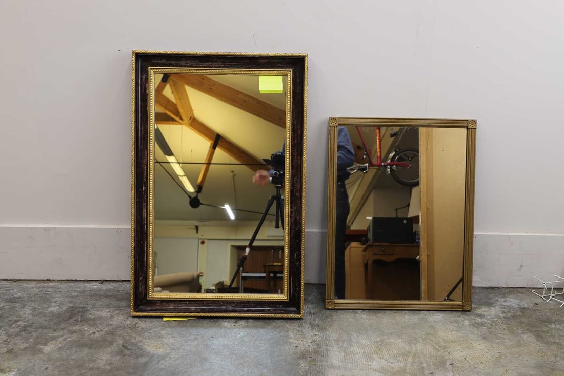 Two gilt and painted mirrors of modern maufacture,: Two gilt and painted mirrors of modern maufacture, each with rectangular glass plates 92 x 75cm and 87 x 57cm 2Condition Report: Fair overall. Some knocks and chips to the frames