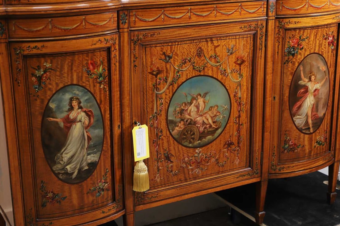 An Edwardian satinwood and painted Sheraton Revival display cabinet, c.1900, - 2