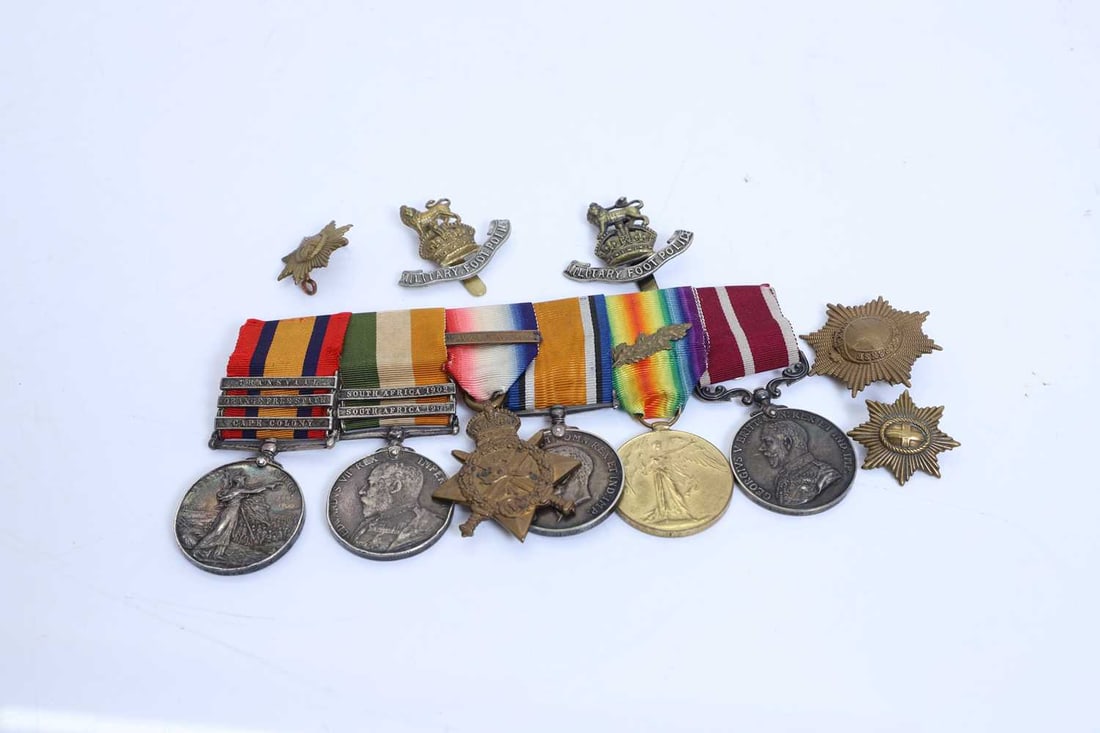 A group of six military medals,: A group of six military medals, Albert George Barber - Coldstream Guards, comprising a group of British campaign medals, including a Queen’s South Africa Medal with multiple clasps, a 1914 Star,