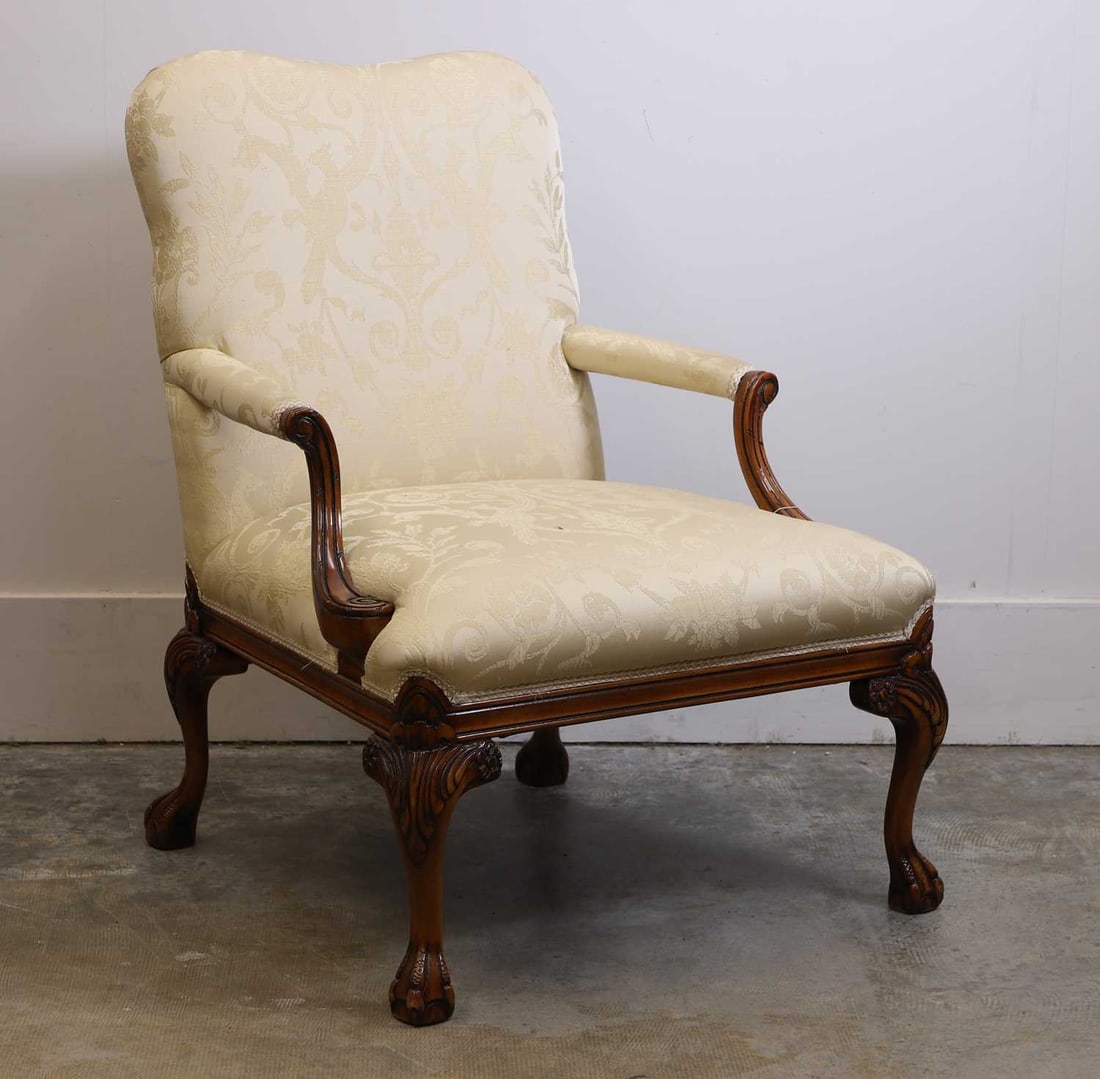A George III-style Gainsborough armchair, of recent manufacture,: A George III-style Gainsborough armchair, of recent manufacture, with plain embroidered fabric upholstery, with a carved show frame, 74cm wide, 80cm deep, 100cm high, seat 44cm1Condition Report: Goo
