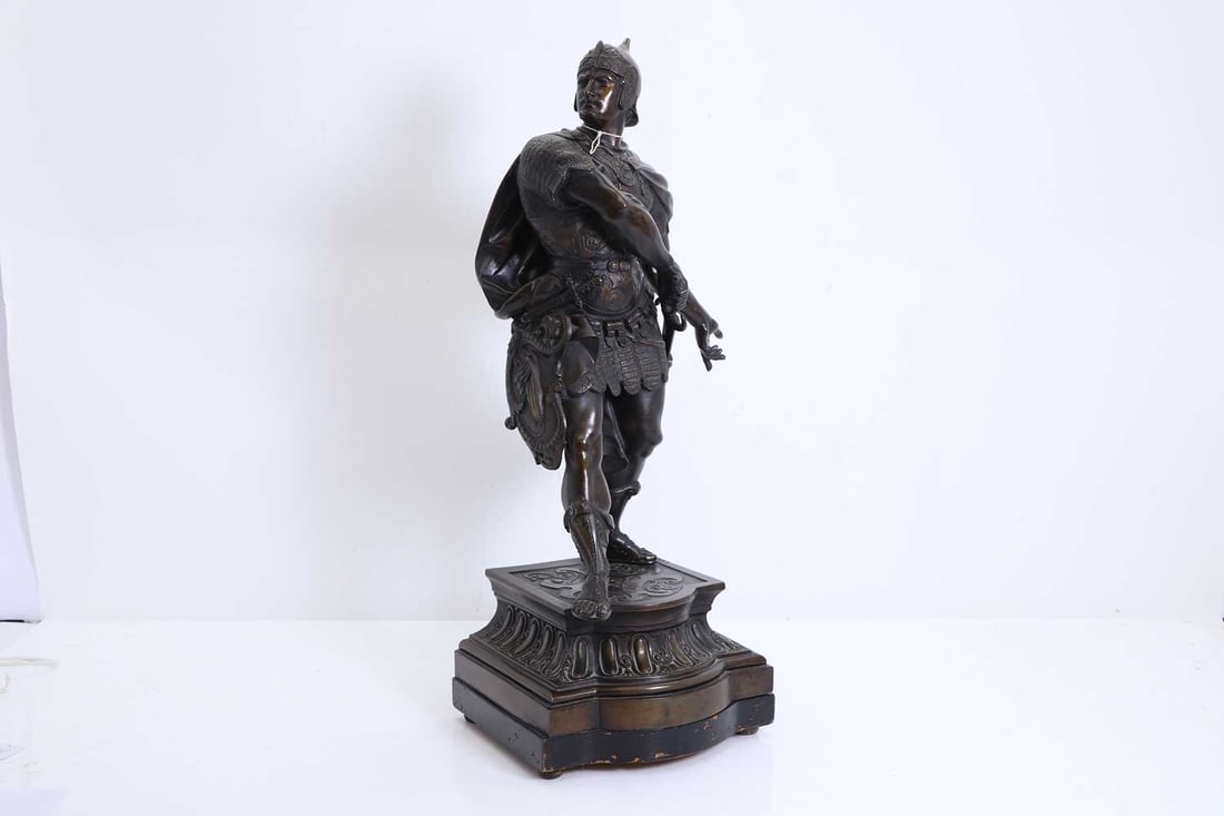 After Arthur Waagen, 20th century, a spelter figure of a knight,: After Arthur Waagen, 20th century, a spelter figure of a knight, raised on a shaped stand, signed, with a fixed ebonised wood plinth 62cm highCondition Report: Ebonised plinth, with wear and loss - o