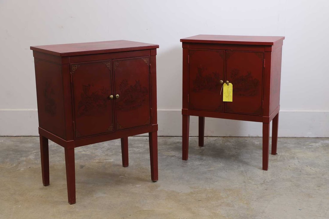 A pair of red japanned bedside chests, of modern manufacture, (1 of 2)