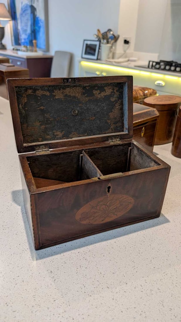 A mahogany floral inlaid rectangular tea caddy, - 2