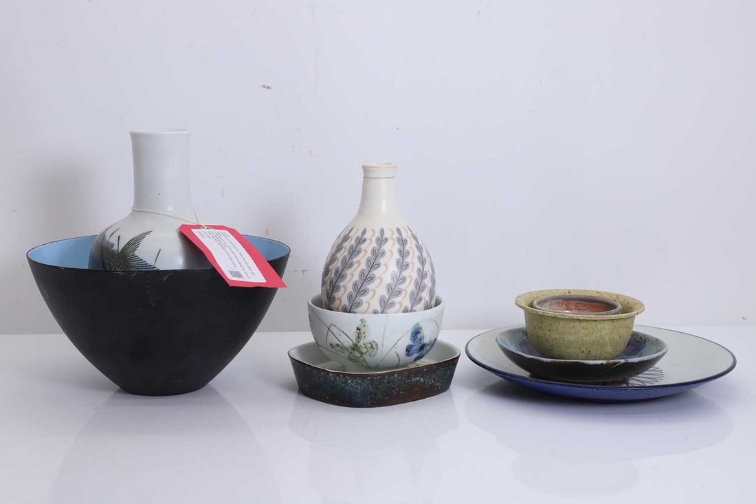 A collection of modern ceramics, 1960s and later, British and Danish,: A collection of modern ceramics, 1960s and later, British and Danish, a Poole freeform vase, printed marks and inscribed, four items of Royal Copenhagen, a vase, two dishes and a plate, three