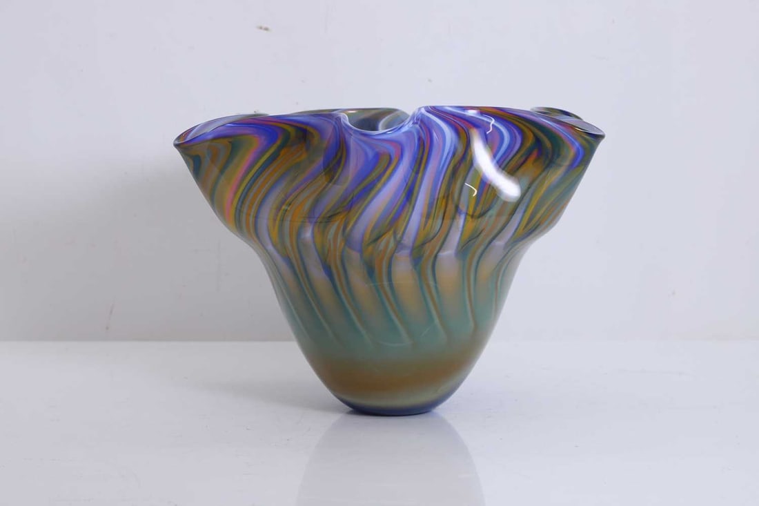 A large Rebecca Morgan glass bowl, 20th century,: A large Rebecca Morgan glass bowl, 20th century, signed to the underside, together with a glass 'seascape' vase by Anthony Stern, signed to the base 35.5cm diameter, 26cm high 2 Provenance: A private