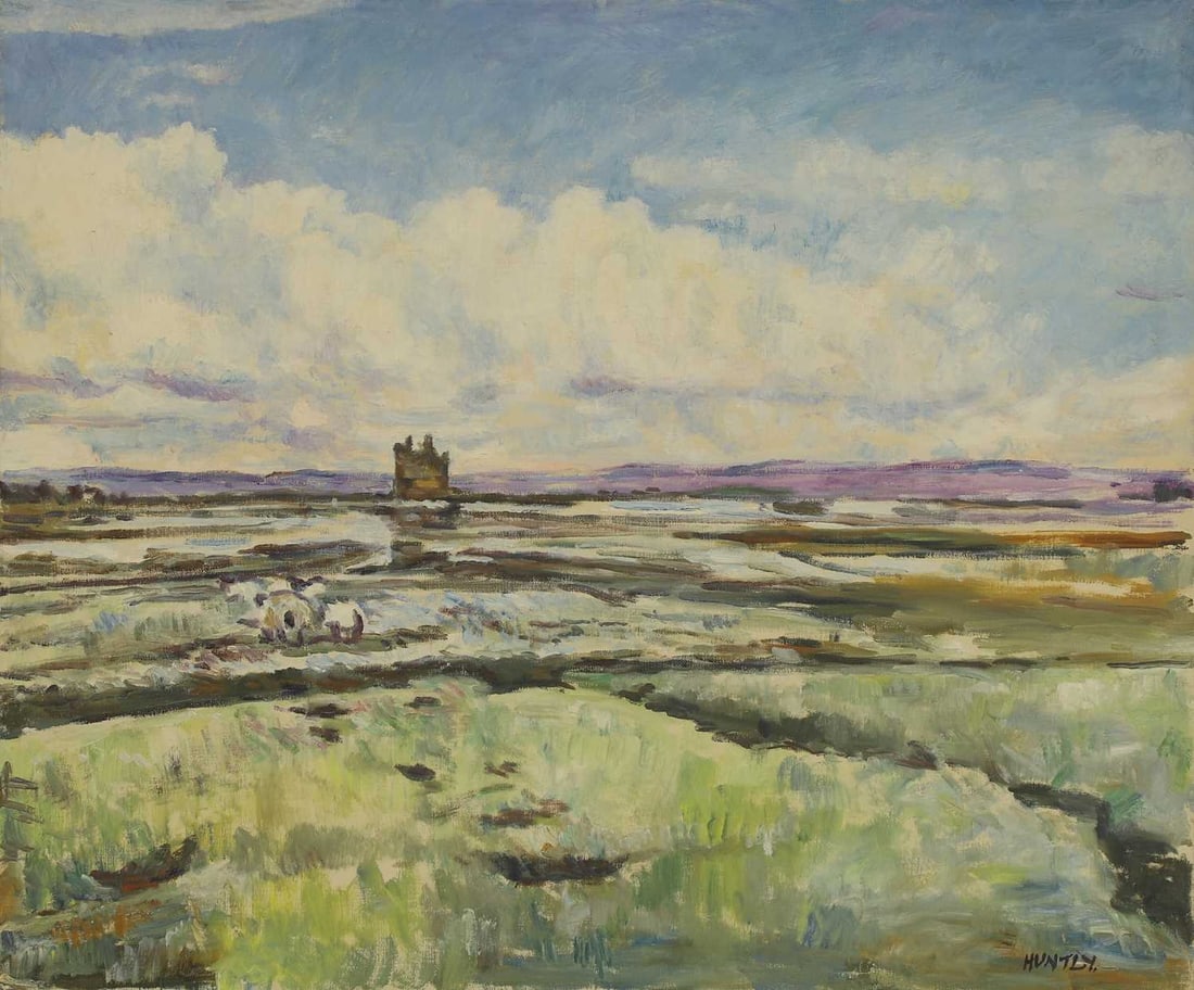 Nancy Weir Huntly (British, 1890-1963) An open landscape with sheep grazing: Nancy Weir Huntly (British, 1890-1963) An open landscape with sheep grazing signed 'HUNTLY' l.r., oil on canvas 51 x 61cm; unframed Condition Report: Appears to be in good order. Not examined