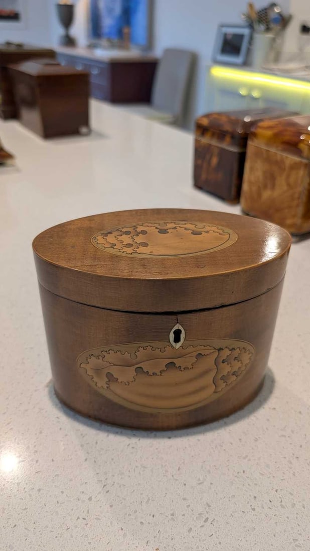 An oval mahogany tea caddy, - 3