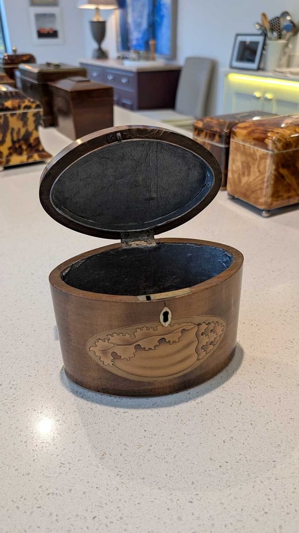 An oval mahogany tea caddy, - 4