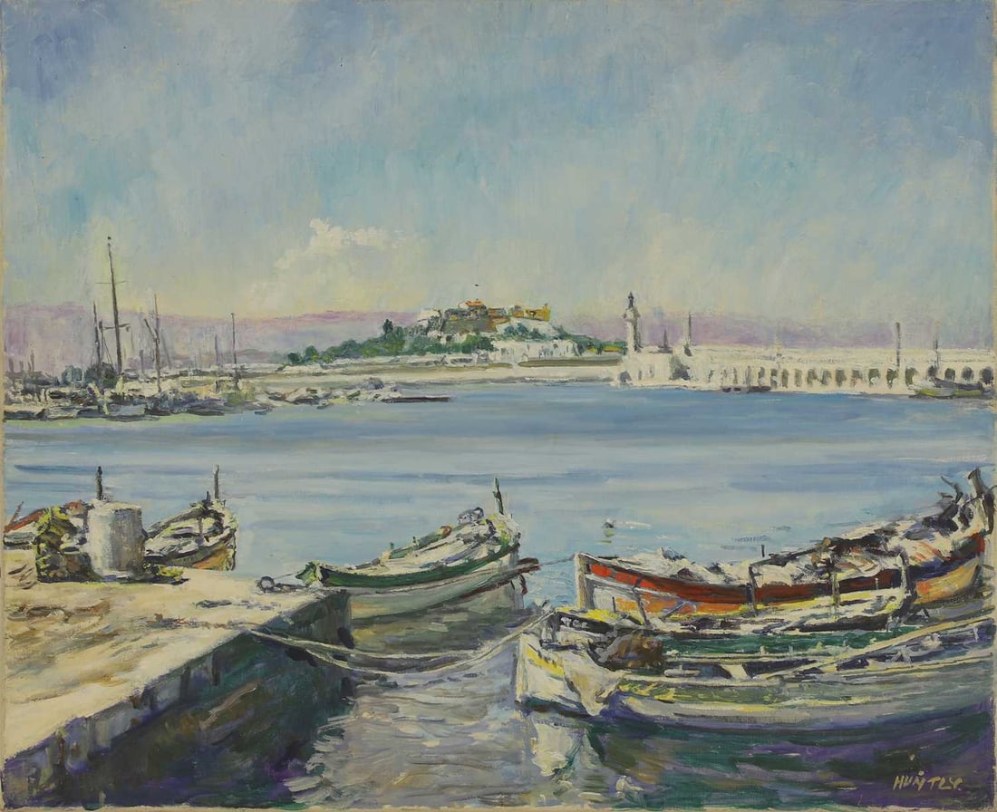 Nancy Weir Huntly (British, 1890-1963) Boats moored at a jetty: Nancy Weir Huntly (British, 1890-1963) Boats moored at a jetty signed 'HUNTLY' l.r., oil on canvas 51 x 61cm, unframed Condition Report: A few tiny scattered speckles of light surface dirt.