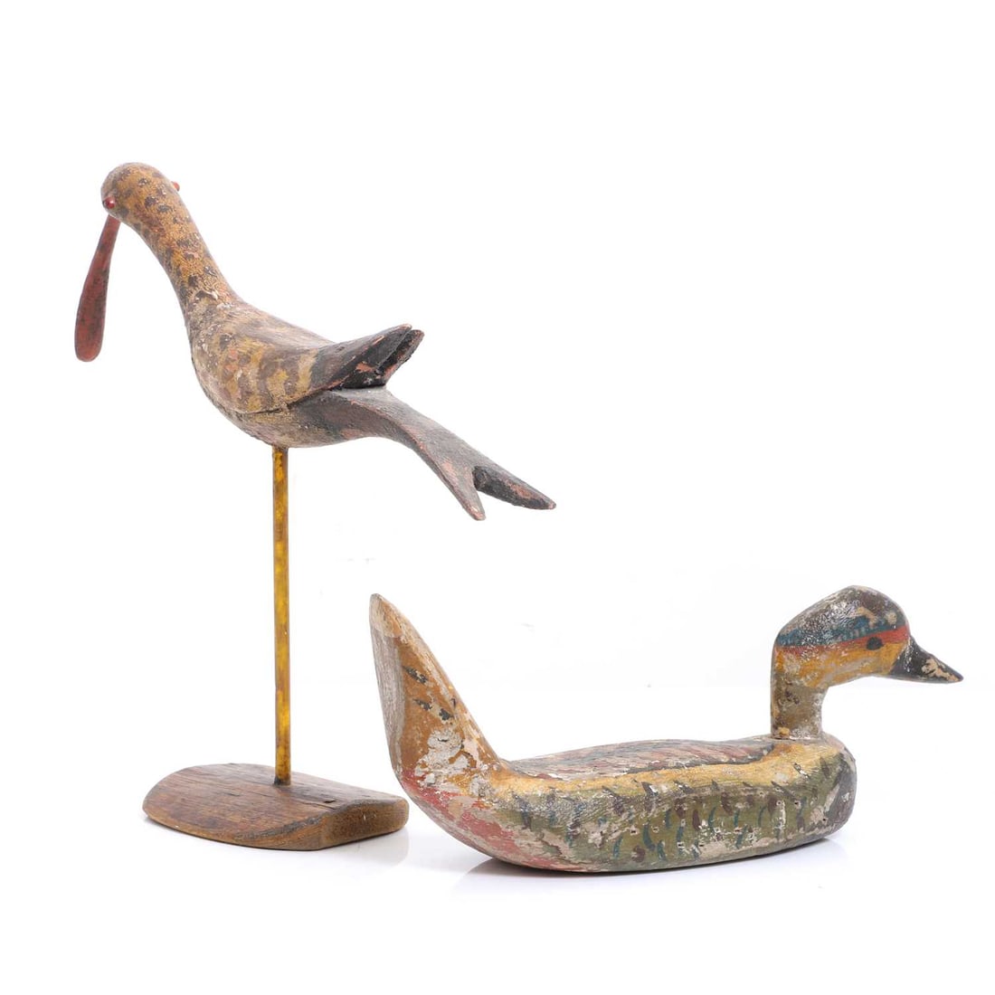 A pair of French naïve painted wooden decoys, early 19th century, - 2