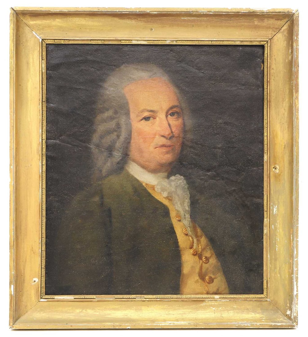 French school, early 18th century,: French school, early 18th century, Portrait of a gentleman, half-length, in a yellow waistcoat and green coat, oil on canvas 55.5 x 46cm; overall 59 x57cm Provenance: The Select Contents of