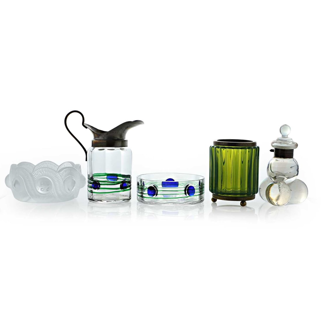 A collection of five glass items, early 20th century and later, (1 of 2)