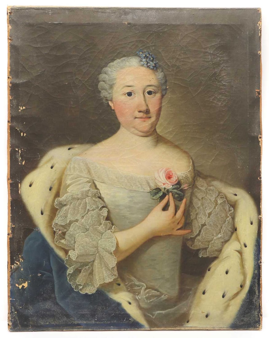French School, 18th century,: French School, 18th century, Portrait of Marguerite Pechin (1721 -1785), half-length, turned slightly to dexter, wearing a pale blue silk gown with lace sleeves and a blue fur-trimmed mantle,