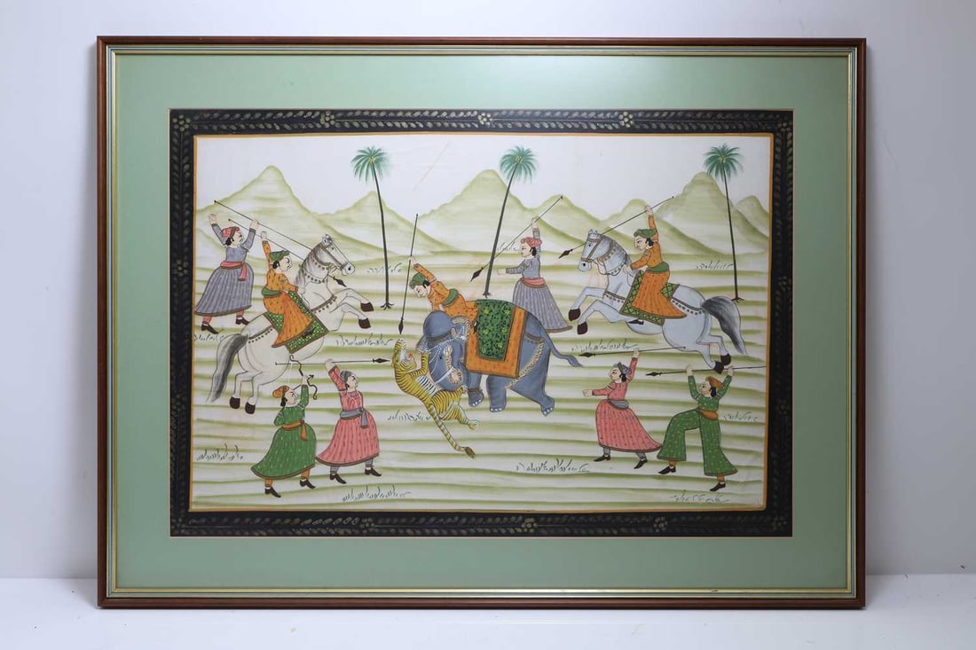 A large Mughal-style hunting scene, 20th century, Indian, (1 of 2)
