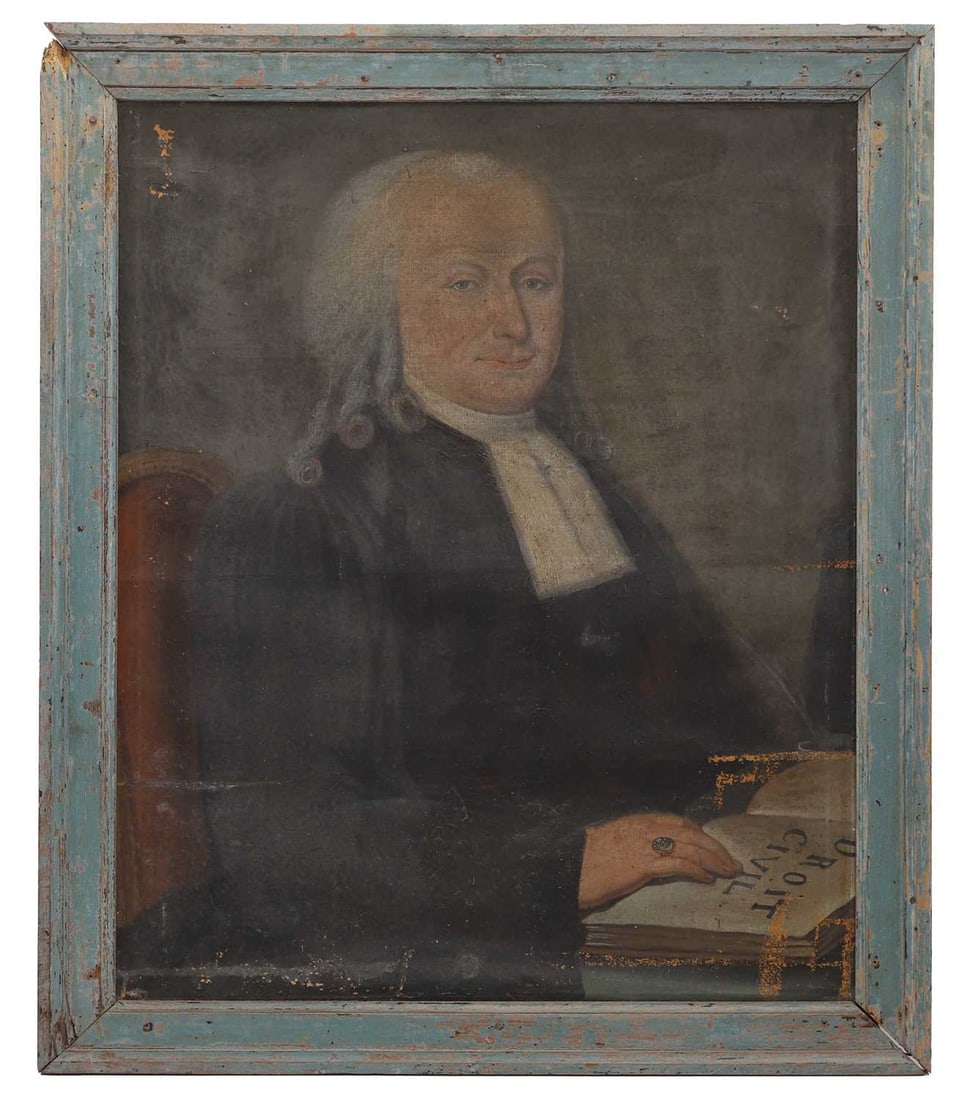 French school, 18th century, 1784: French school, 18th century, 1784 Portrait of Jaques Gabriel Ducloz de la place Avocat au Senat de Savoÿe, half-length, seated at a table, in a black cloak, with white collar, his hand resting