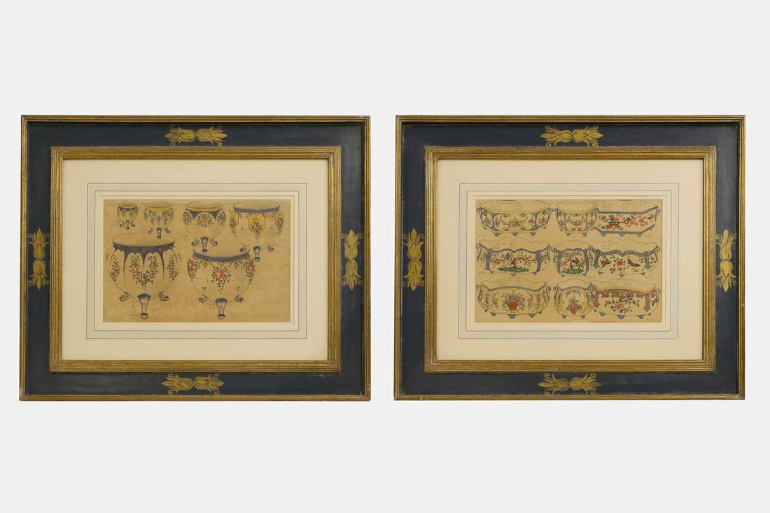 A pair of watercolours, early 20th century, French,: A pair of watercolours, early 20th century, French, watercolour and crayon, each depicting porcelain designs by Gabriel Fourmaintraux, Desvres, France sheet 30 x 46cm; in glazed and painted frames 70