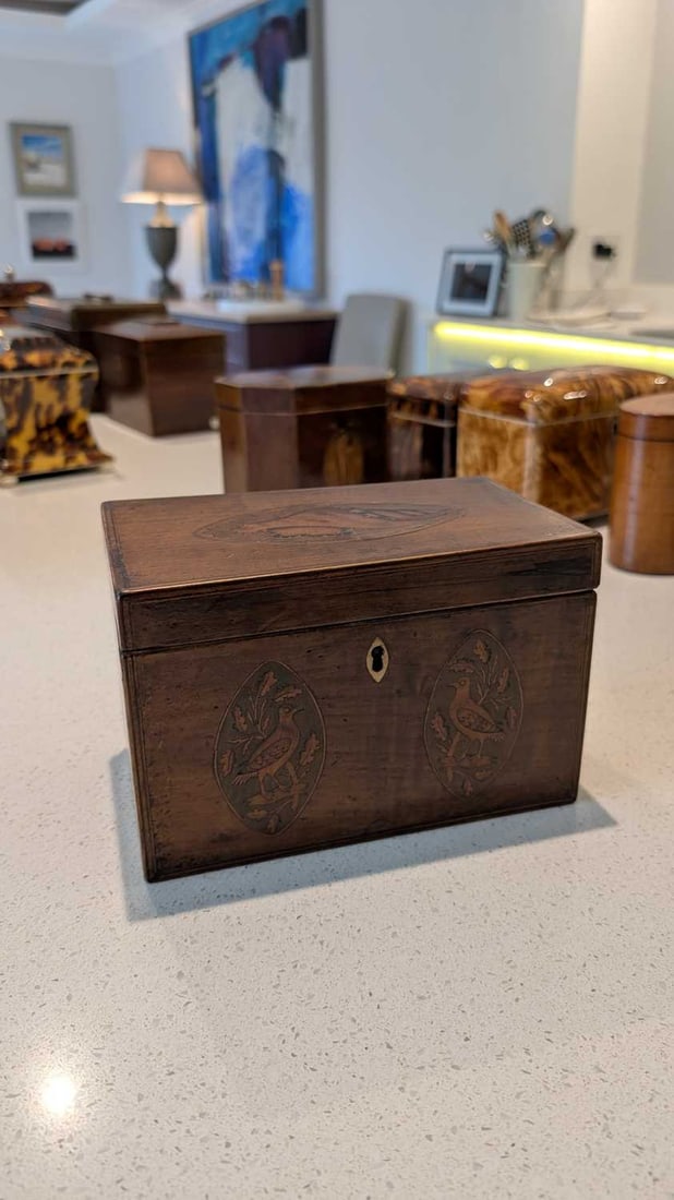 A rectangular harewood tea caddy, - 3